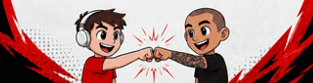 Os mascotes do canal: Sandrinho e Pai Sandro em versão cartoon a fazer um fist bump